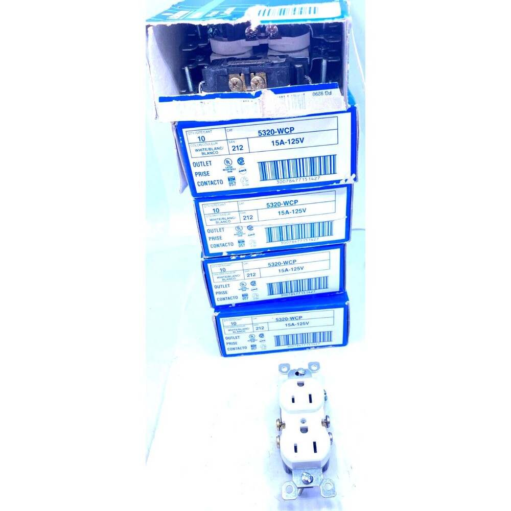 Leviton Lot of 50 (5 boxes of 10) Outlet White 15A-125V, 5320-WCP New